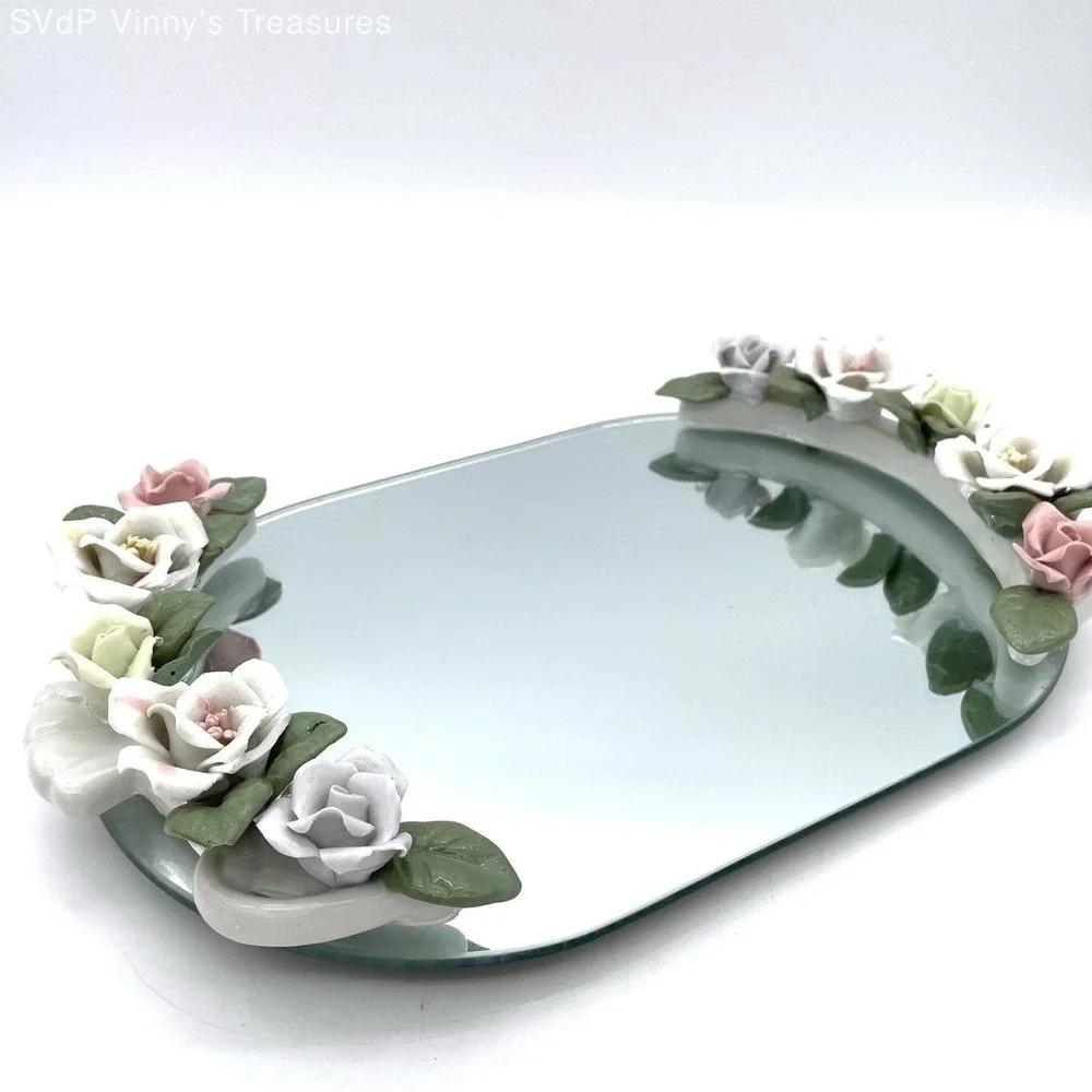 Vintage Oval Mirrored Vanity Tray Ceramic Porcelain Floral Rose Accents